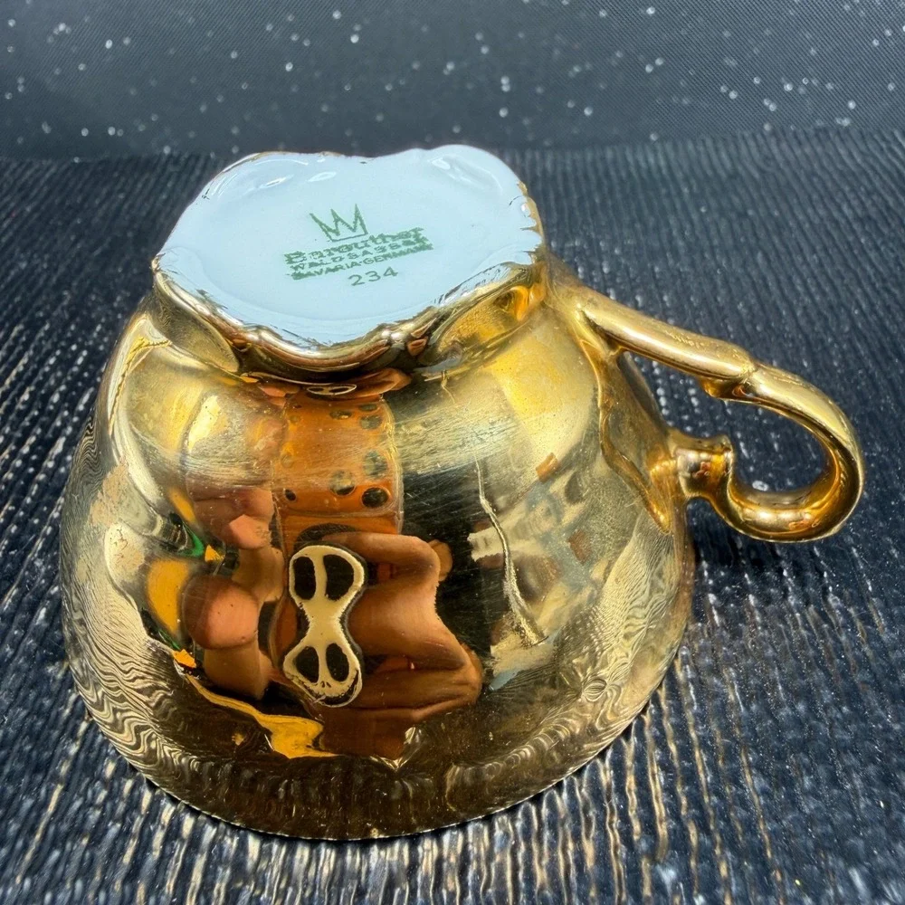 Bareuther Waldsassen Bavaria Gold Courting Couple Demitasse Cup Saucer Set VTG